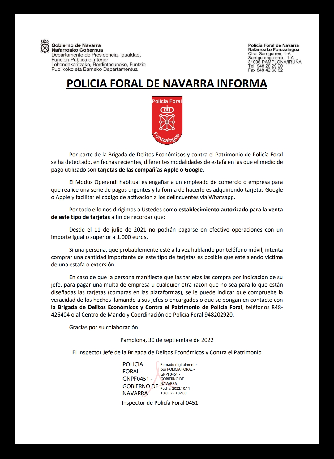 Aviso de estafa con tarjeta Google y Apple