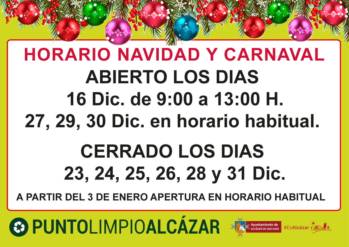Horario del Punto Limpio para las Fiestas de Navidad y Carnaval