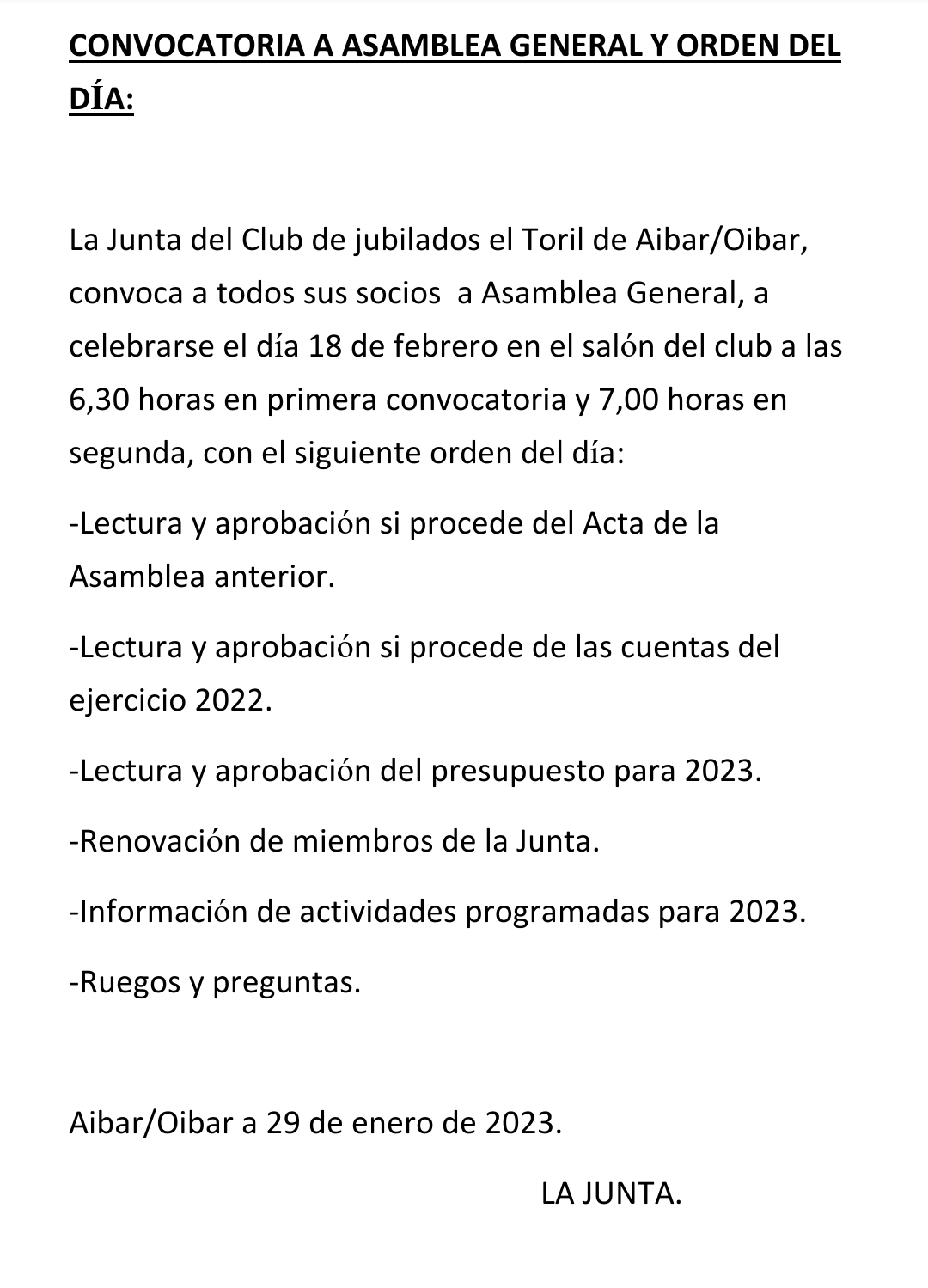 Asamblea General del Club de Jubilados "El Toril" de Aibar/Oibar
