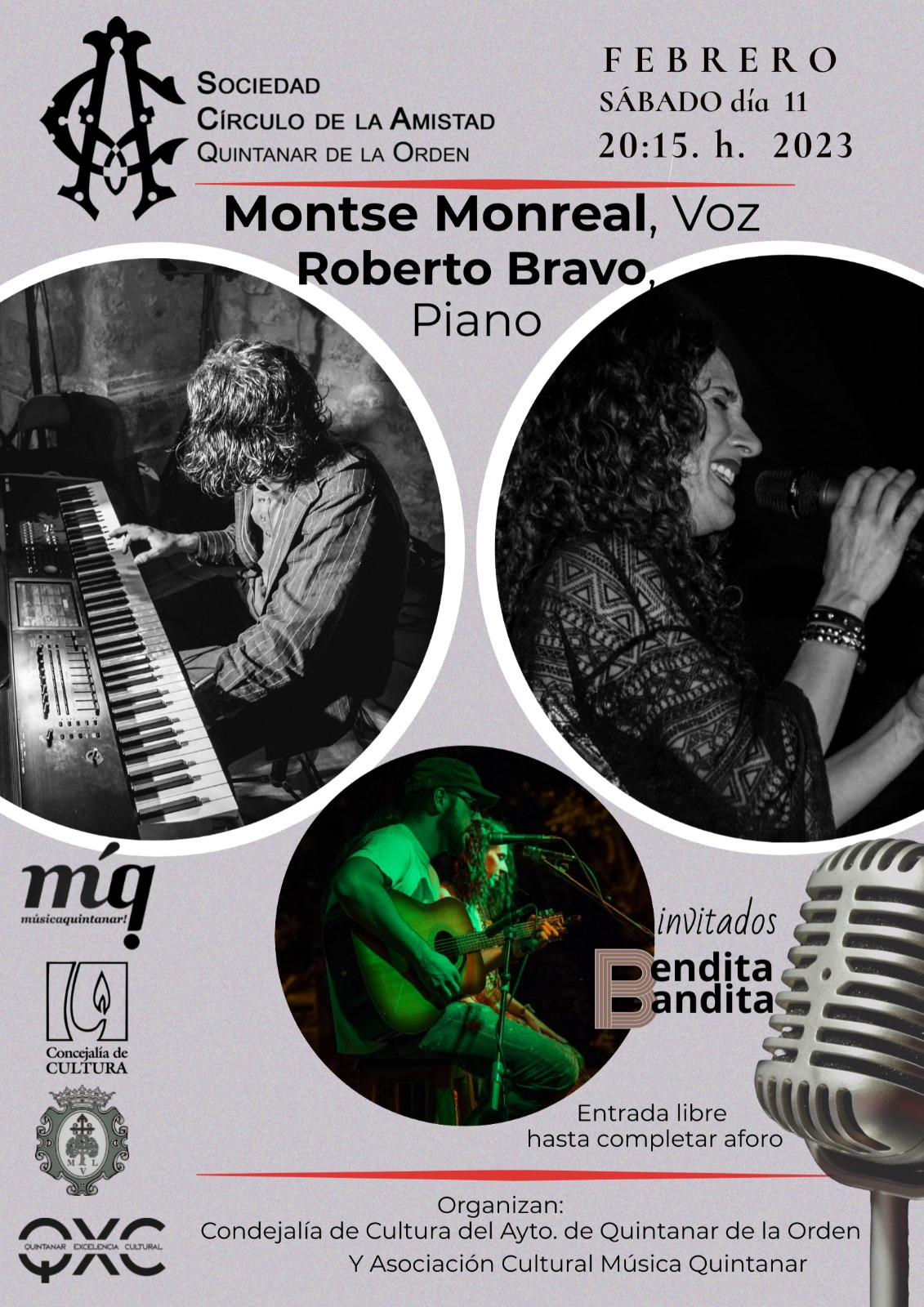 Montse Monreal, Roberto Bravo y el dúo “Bendita Bandita”  serán los protagonistas de los mini-conciertos del próximo sábado