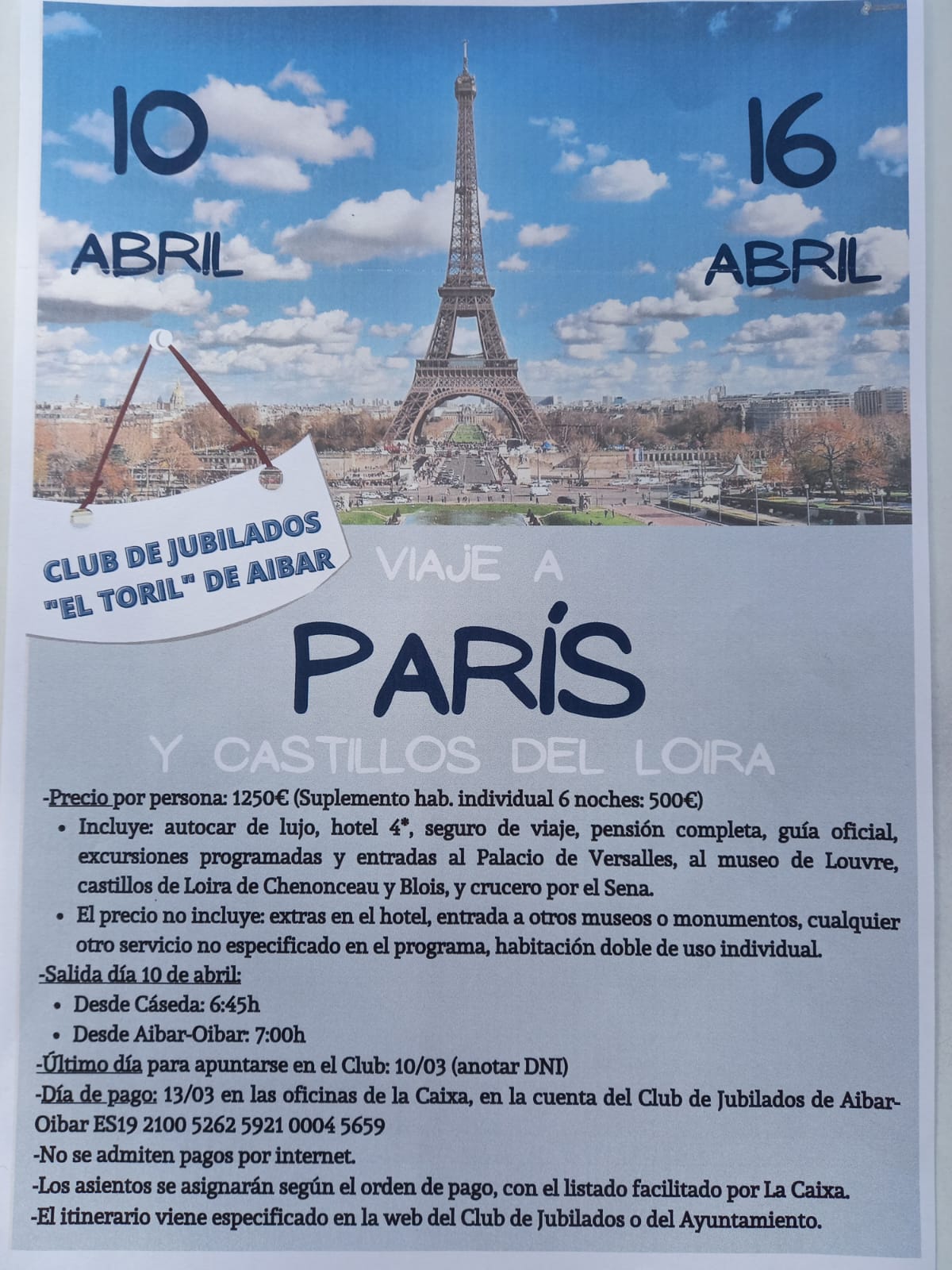 Viaje a París y Castillos del Loira organizado por el Club de jubilados "El Toril"