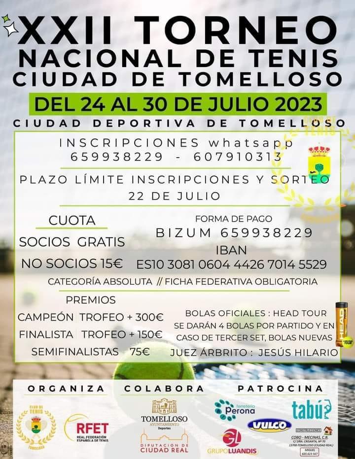Del 24 al 30 julio se disputará en la Ciudad Deportiva el XXII Torneo Nacional de Tenis “Ciudad de Tomelloso”