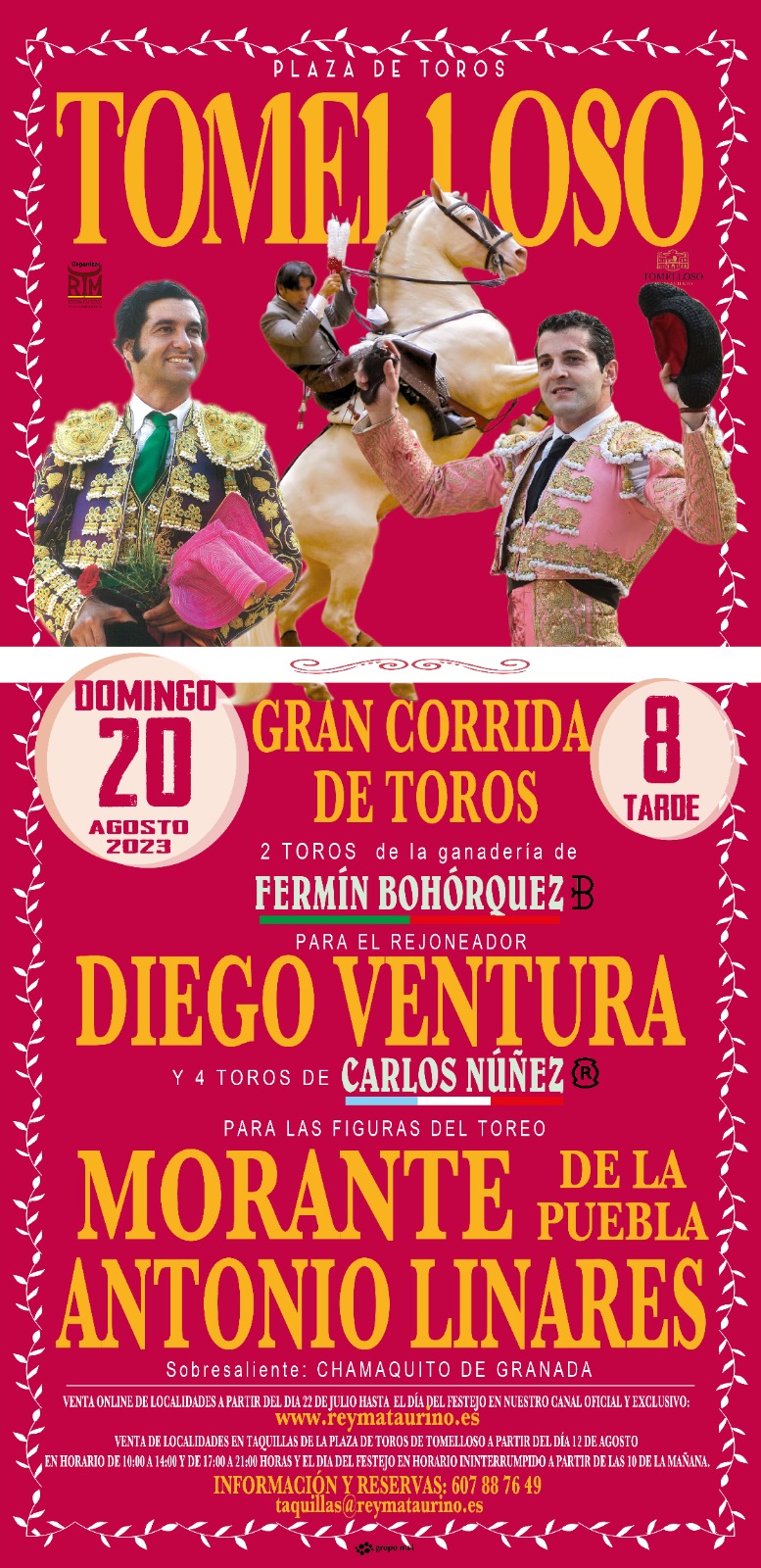 Diego Ventura, Morante de la Puebla y Antonio Linares, cartel taurino de la feria de Tomelloso para el 20 de agosto