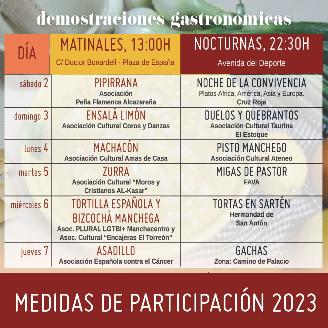 A partir del 14 de agosto y hasta completar plazas, abierta la inscripción de las Demostraciones Gastronómicas FERIA Y FIESTAS 2023 ALCÁZAR DE SAN JUAN
