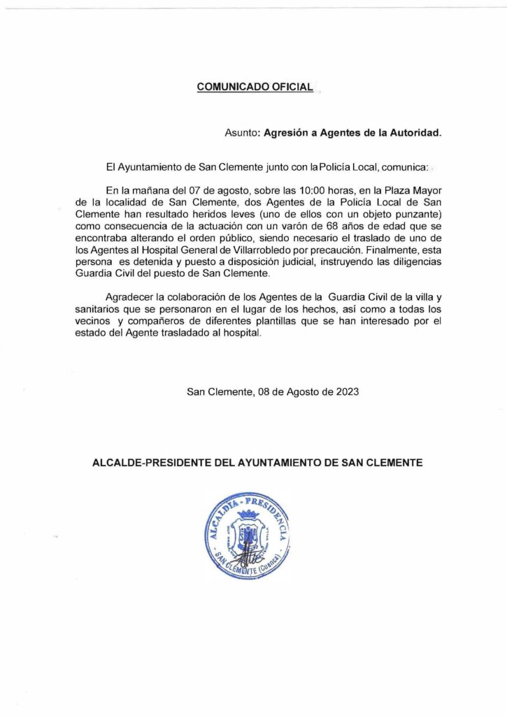 Comunicado Oficial. Agresión agentes de la autoridad.