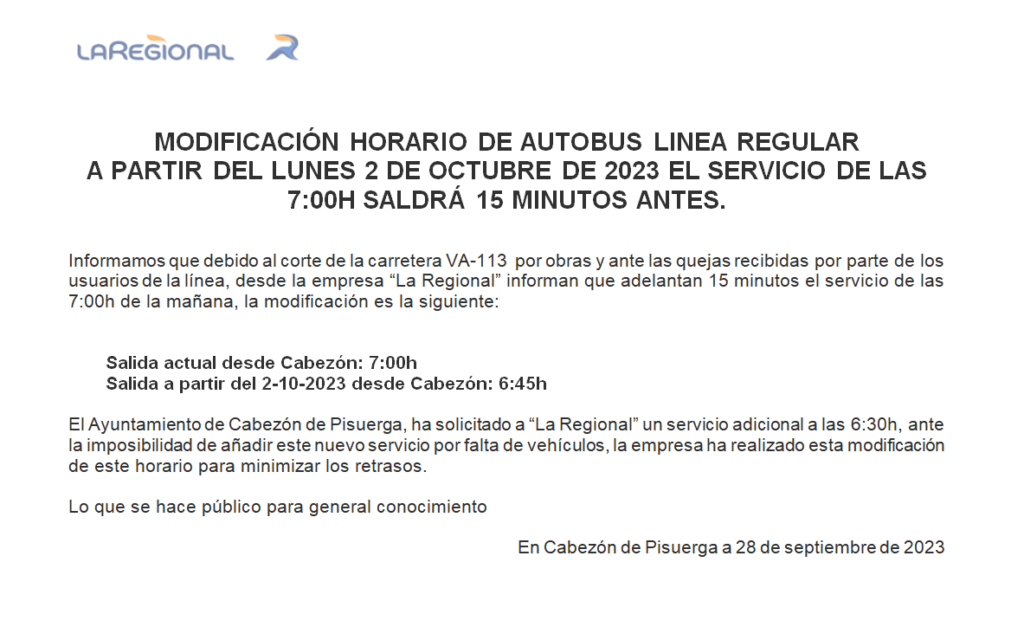 Adelanto en 15 minutos del servicio de las 7:00h de la línea regular de «La Regional» a partir del 2 de octubre. – Cabezón de Pisuerga