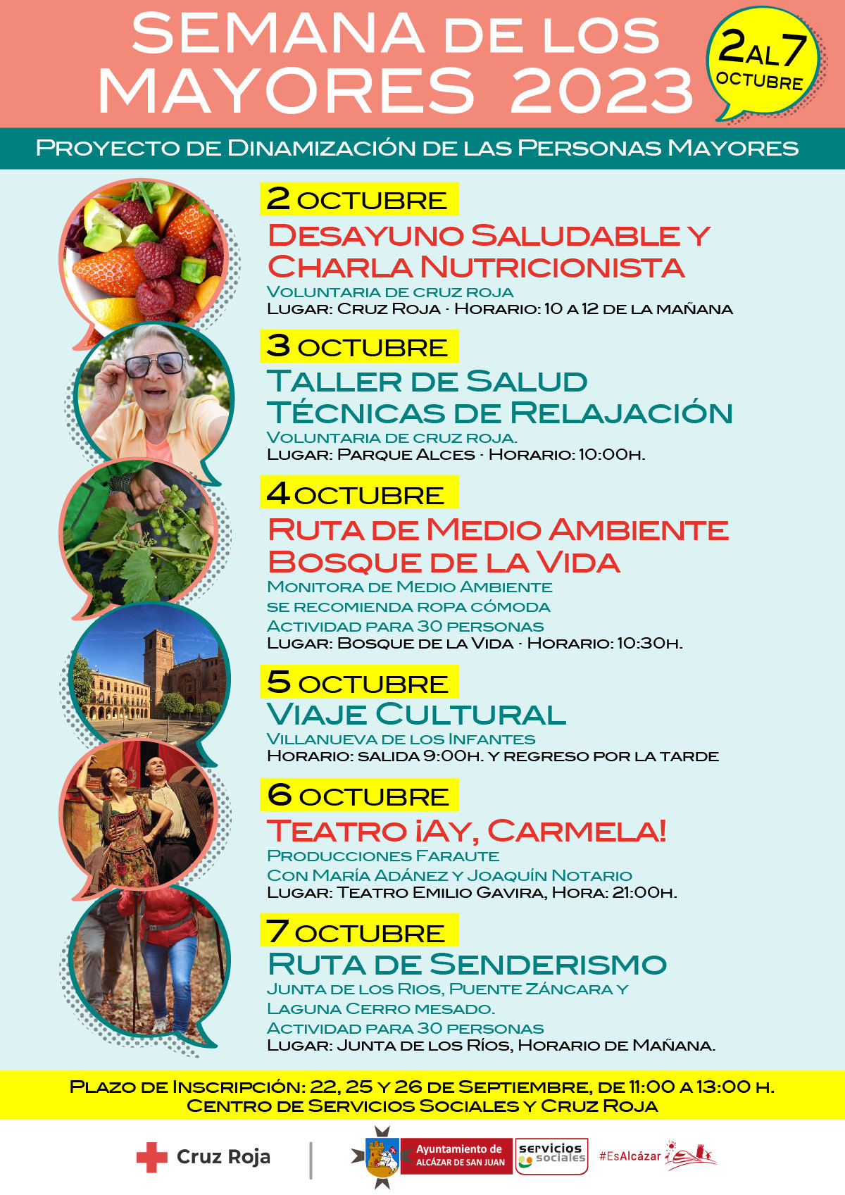 Alcázar celebra la Semana de los Mayores con seis actividades del 2 al 7 de octubre, con motivo del «Día Internacional de las Personas Mayores» el día 1 de Octubre.