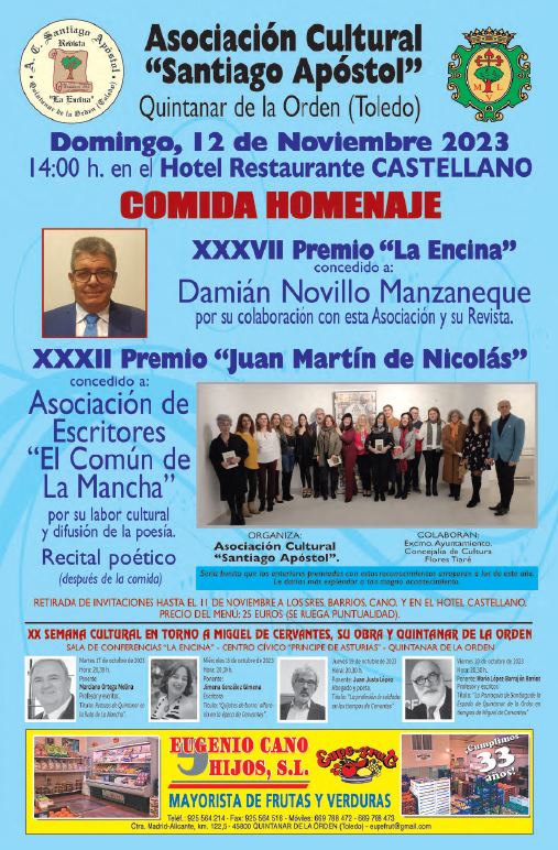 Damián Novillo es el XXXVII Premio “La Encina” y la Asociación de Escritores “El Común de la Mancha” XXXII Premio “Juan Martín de Nicolás”