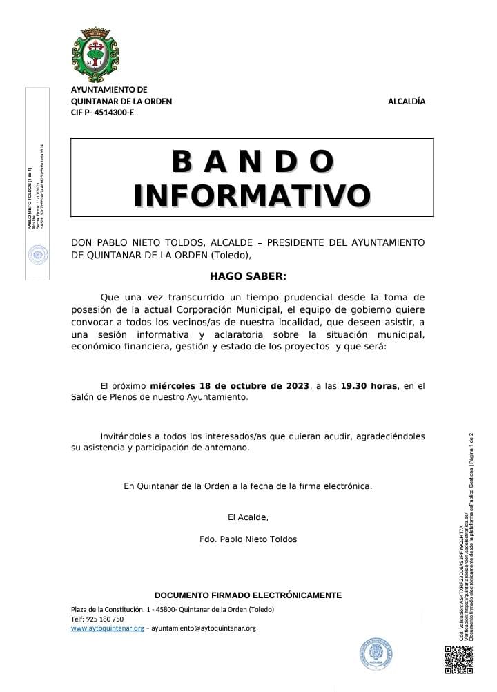 El alcalde informará a los vecinos de la situación municipal y proyectos en curso