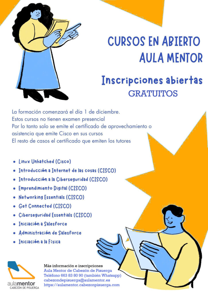 Cursos en abierto, gratuitos. Inscripciones del 20 al 30 de noviembre en el Aula Mentor de Cabezón de Pisuerga – Cabezón de Pisuerga