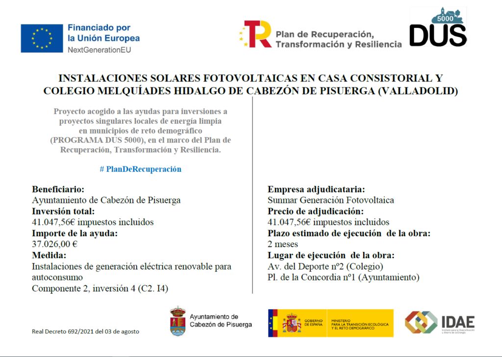 Inversiones a proyectos singulares locales de energía limpia del reto demográfico (PROGRAMA DUS 5000) – Cabezón de Pisuerga