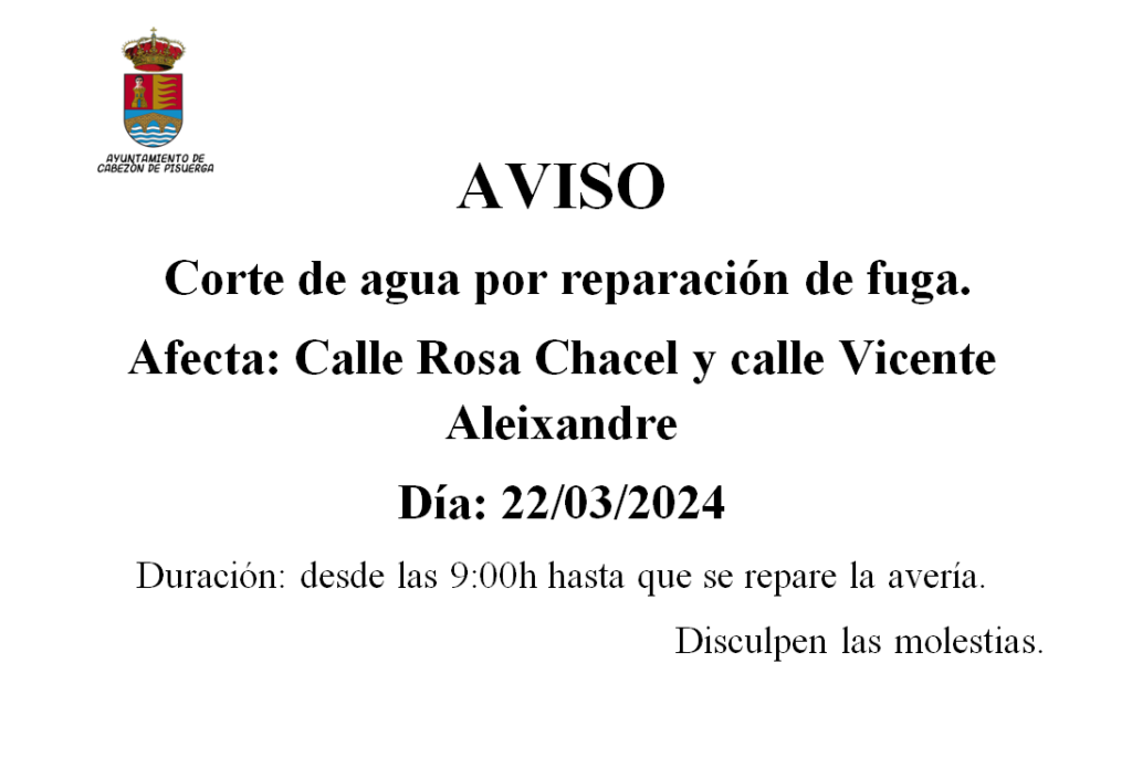 Corte de agua por reparación de fuga.