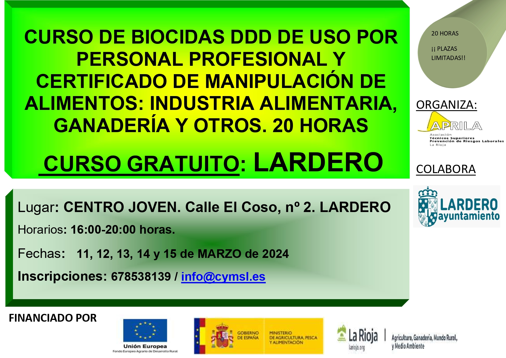 Curso de Biocidas DDD de uso por personal profesional y certificado de manipulación de alimentos: Industria Alimentaria, Ganadería y Otros.