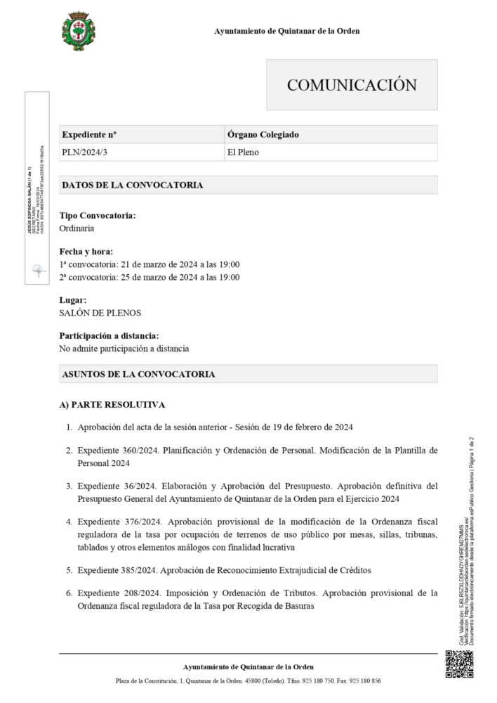 Este jueves se celebrará el pleno ordinario en el ayuntamiento con diversos puntos a tratar