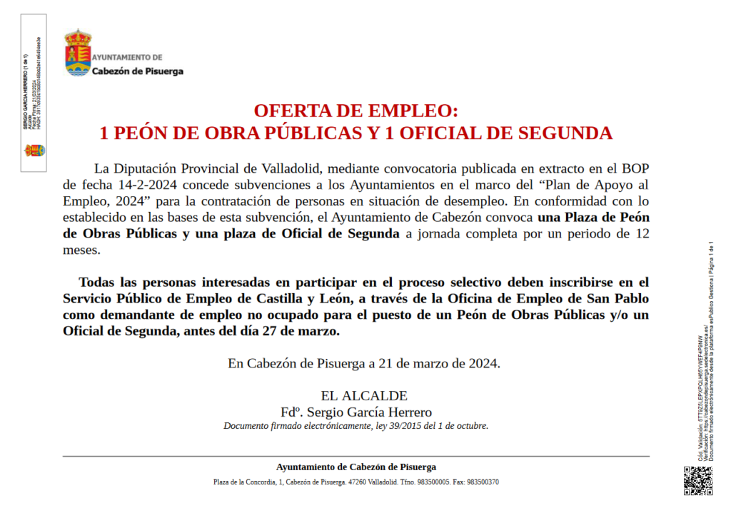 Oferta de empleo un peón de obras públicas y un oficial de segunda. – Cabezón de Pisuerga